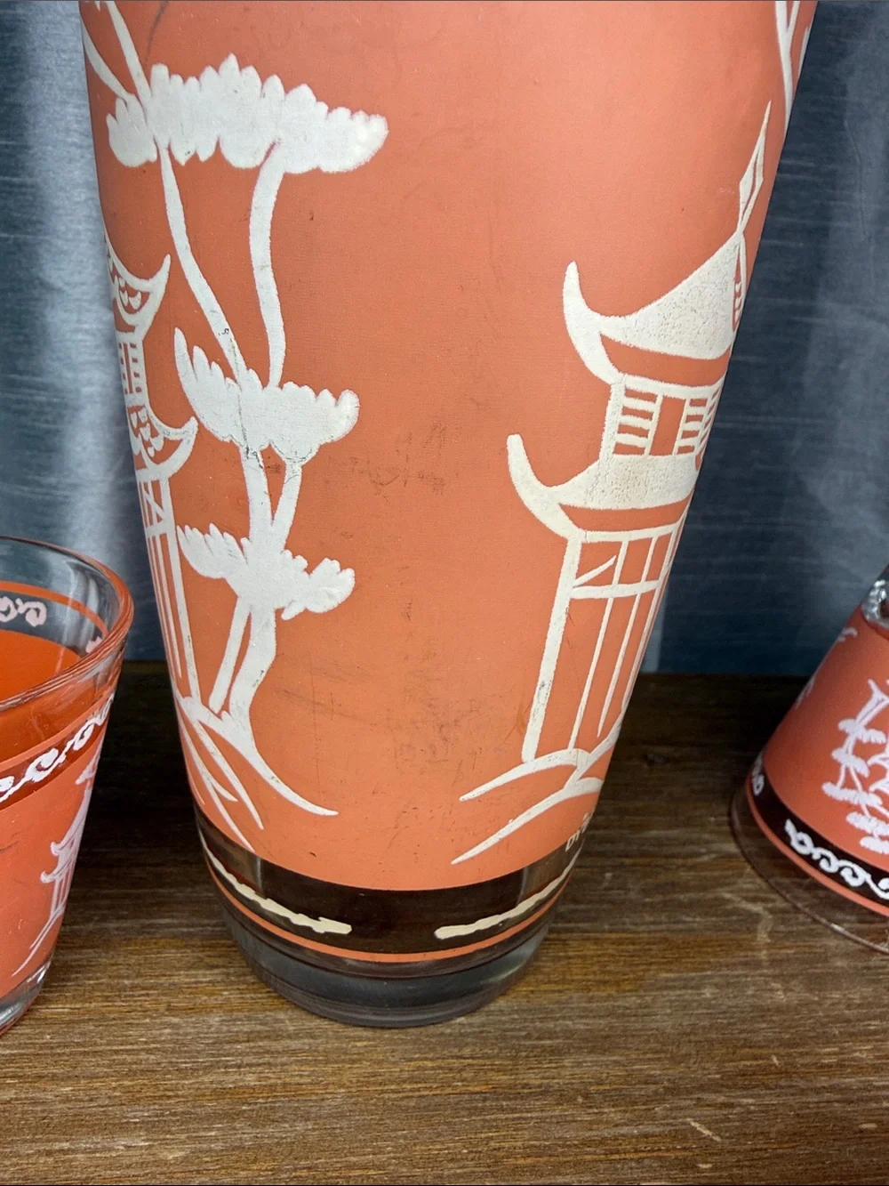 Vtg Dyball Coral Pagoda Glasses Matte Mid Century Modern Hazel Atlas 7pc Set